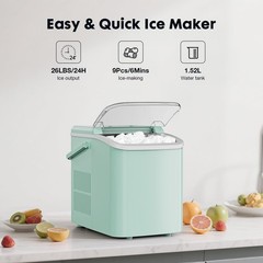 Portable Ice Maker – 9 Cubes in 6 Mins, 26.5lbs/24Hrs, Includes Scoop & Basket,