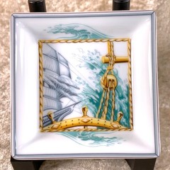 Hermes Mini Change Tray Porcelain Ashtray Patchwork 8x8cm Set of 2 with Case