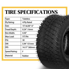2 * 15×6.00-6 Lawn Mower Garden Tractor Turf Tires 4 Ply Tubeless 15×6-6 15x6x6