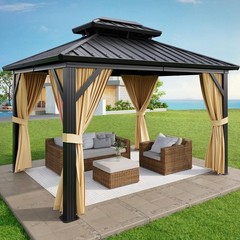 10x12FT Hardtop Gazebo Galvanized Steel Framed Double Roof Netting & Curtains