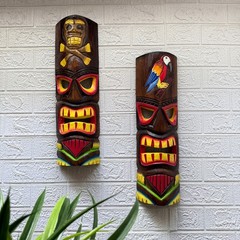 Set of 2 Tiki Wall Masks Hand Carved Wood 19.75 in Parrot Skull Decor