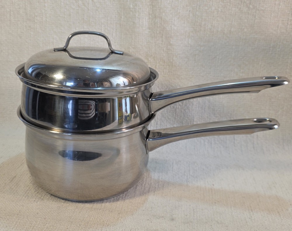 Vintage Belgium 2 QT Double Boiler Pans Lid Stainless Steel MANOR HOUSE