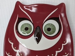 Vintage Katie Brown Owl Serving Platter Meijer Whimsical Red White Green Eyes