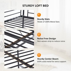 Full Metal Loft Bed Frame for Kids Adults Teens Space-Saving Design Black