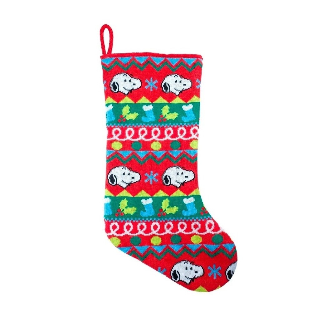 Peanuts Snoopy Christmas Stocking Red Green Holiday Knit Festive Gift