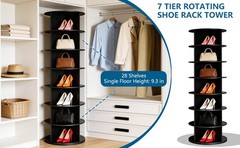 Rotating Shoe Rack Tower 7 Tier Organizer, Revolving 360 Black Shoe Rack Storage