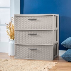 Sterilite 3 Drawer Wide Storage Tower, Plastic Weave Home Organizer, Grey Pumice