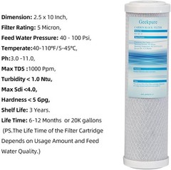 Geekpure Carbon Block Replacement Filter Cartridge 2.5″ x 10″ -Pack of 4