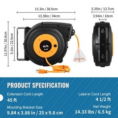 45ft 12AW 15-1875W Cord Reel 180° Swivel