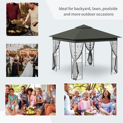 10′ x 10′ Outdoor Patio Gazebo Canopy Roof Steel Frame w/ Mesh Sidewalls, Grey