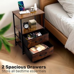 Led Nightstand with Charging Station 2 Drawers Night Stand Black Bedside Table