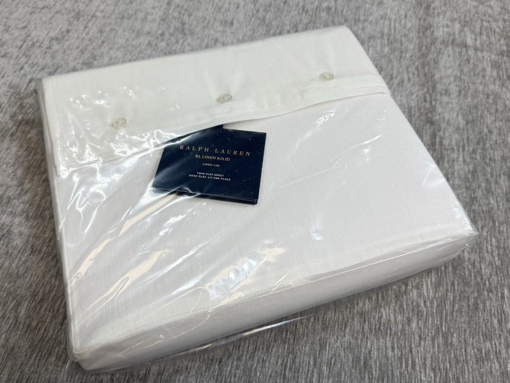 Ralph Lauren RL Linen Solid Twin Flat Sheet White Alabaster Bed NEW