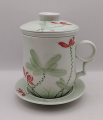 Teavana Porcelain Fine China Floating Lotus Blossom Teacup Infuser Mug 4 Pc. Set