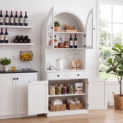 75″ Farmhouse Pantry Cabinet Coffee Bar Storage W/ Charging Station, Drawer,Door