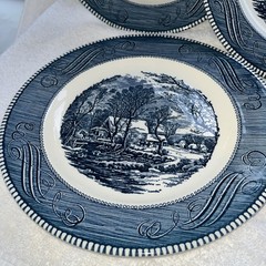 5 Currier and Ives Old Grist Mill Blue Dinner Plate 10″ Royal China USA. 11