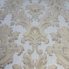 Ivory silver tan gold metallic crashed foil textured victorian damask Wallpaper