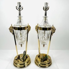 Vintage Regency Rams Head Brass & Crystal Lamps Both Work BEAUTIFUL QUALITY