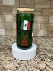 Green Glass Cup Tumbler w/ Wooden Lid, Mexico Soccer Decor, Eagle, Round