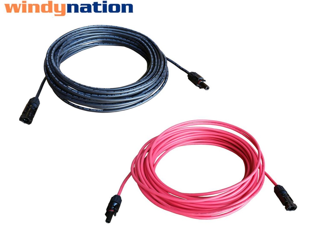 Pair Black + Red Solar Panel Extension Cable Wire Solar Connectors 10 or 12 AWG