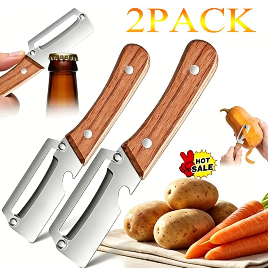 2 Pack 2 in 1 Multi Functional Vegetable Peeler with Bottle Opener and Wooden Ha
