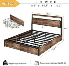 King Queen Full 4 Drawers Platform Bed Frame with LED Light, Charging Station