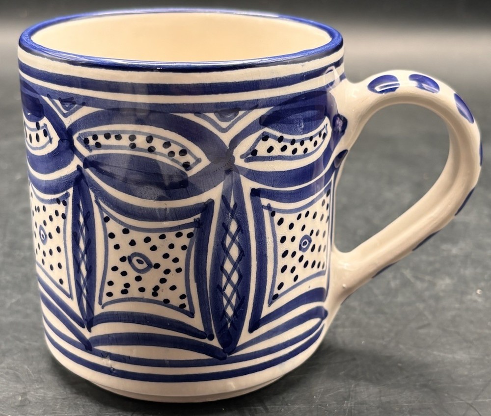 Le Souk Ceramique Tunisia Blue White Hand Painted Geometric Design Coffee Mugs
