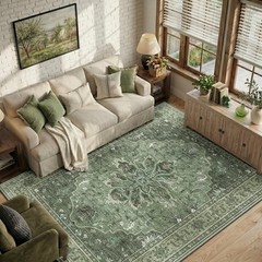 Area Rug 6 x9 Washable Non Slip Floral Vintage Medallion Dark Green RELEANY Rugs