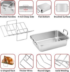 20 lb Capacity 15″ Stainless Steel Roasting Pan with V-Rack – Perfect for Turkey