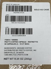 Peet’s Coffee Dark Roast Espresso 50 Capsules Ristretto 100% Arabica BB 4/8/26