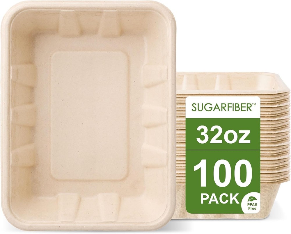 [100 COUNT]Harvest Pack 32 oz Compostable Food Trays 8.49″ x 6.45″ x 1.86″