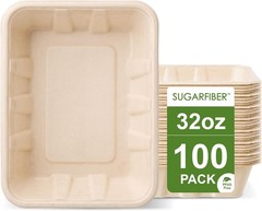 [100 COUNT]Harvest Pack 32 oz Compostable Food Trays 8.49″ x 6.45″ x 1.86″