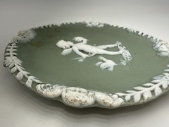Vintage German Jasperware CUPID Green Wall Hanging/ Decorative Dish 4.25in