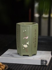 7.68in Chinese Collection Green Handmate Carving Painting Bonsai Clay Flower Pot