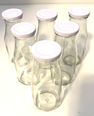 10 oz. Glass Milk Bottles Reusable with Lids and Red & White Straws Lot of 6