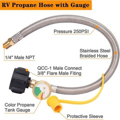 15Inch RV Propane Hose with Gauge for 5-40lb Tanks Camper Gas Line Silver Newest