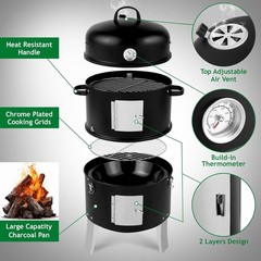 Vertical 18.5 Inch Steel Charcoal Smoker, Heavy Duty 3-in-1 Portable Outdoor G
