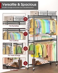 Sakugi Clothes Rack, Heavy-Duty Garment Rack with Shelves & Wheels, Freestanding
