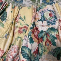 Custom-made vintage yellow-and-white floral stripe pinch-pleated curtains and va