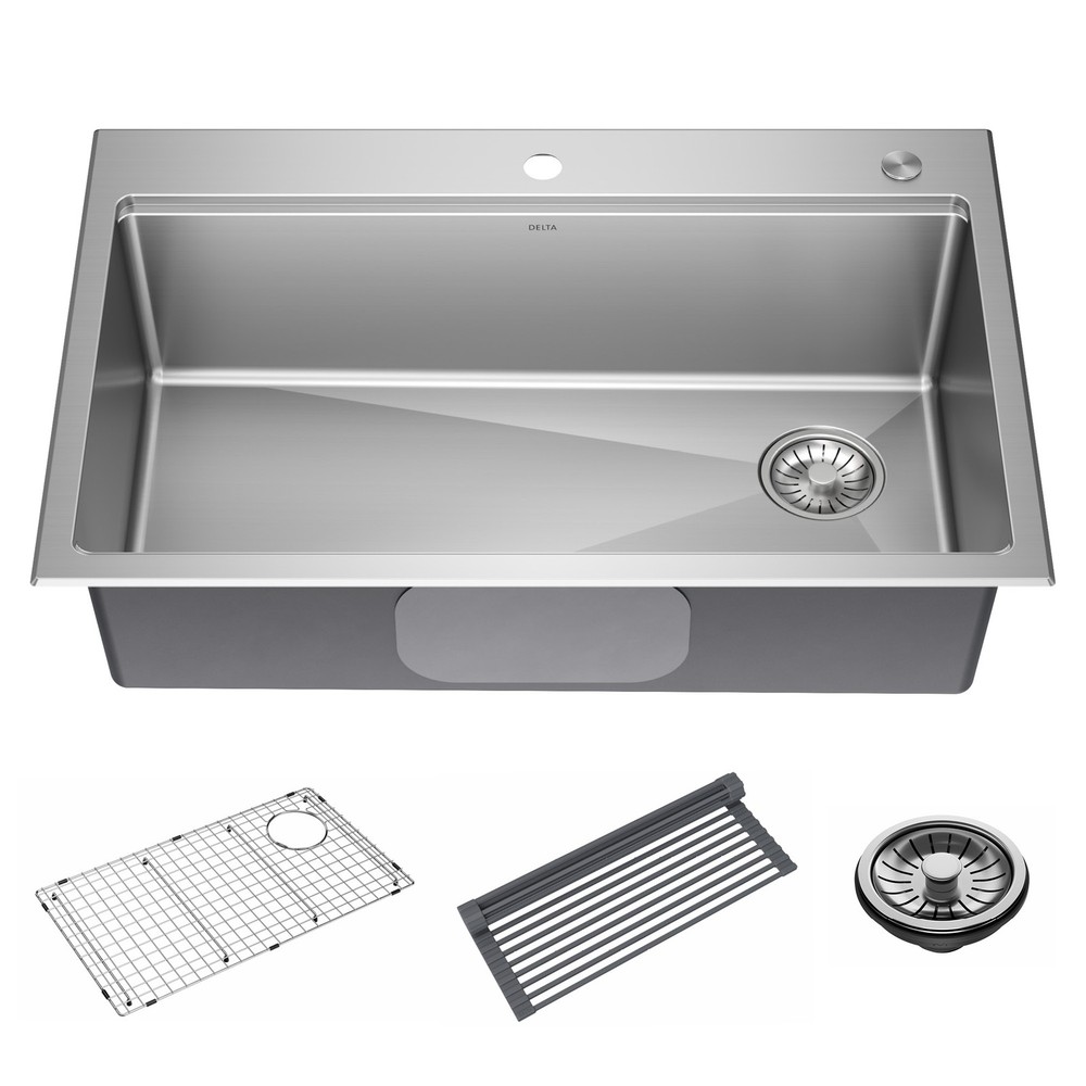 Delta Emery 33″ Workstation Sink, Single Bowl w/ Ledge+Kit-Certified Refurbished