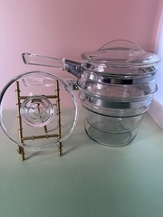 Great Vintage PYREX Double Boiler Clear Glass With Both Lids & Stainless Steel
