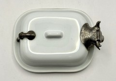 RARE Pillivuyt France Porcelain Butter Pat Dish, Silver/ Pewter Cow Head & tail