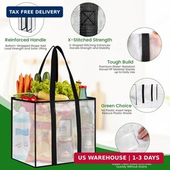 4 Pack Reusable Grocery Bags, Heavy-Duty Shopping Bags with Sturdy Handles, Wate