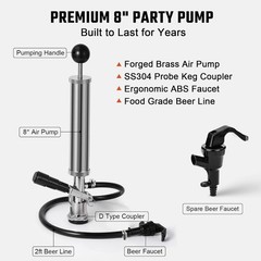 8” Keg Tap Beer Keg Party Pump, D System Beer Taps for Kegs, Kegerator Stainless
