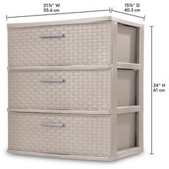 Sterilite 3 Drawer Wide Storage Tower, Plastic Weave Home Organizer, Grey Pumice