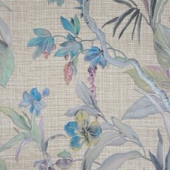 Floral plants Brown green blue metallic faux woven fabric textured wallpaper 3D
