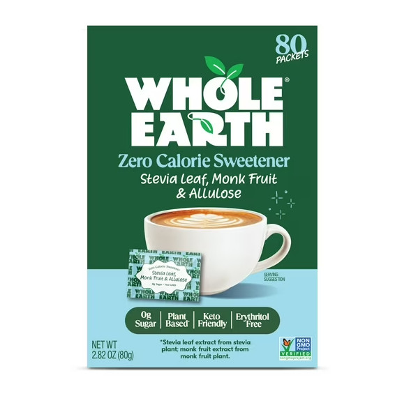 Whole Earth Zero Calorie Stevia,Monk Fruit & Allulose Sweetener Packets,80 Count