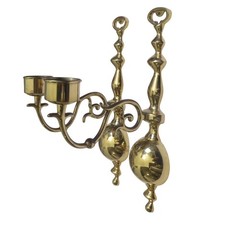 Vintage Solid Brass Wall Sconce Candle Holders Pair Polished Gold Spindle 12.5in