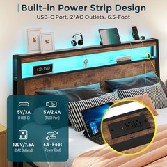 Queen Full Size Bed Frame with Storage Headboard &Charging Station＆ LED Lights