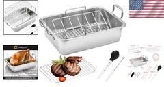20 lb Capacity 15″ Stainless Steel Roasting Pan with V-Rack – Perfect for Turkey