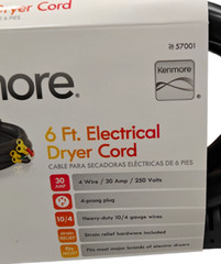 Kenmore 6 Ft. Electrical Dryer Cord 4 Prong Plug 30 AMP Heavy Duty 250V 57001